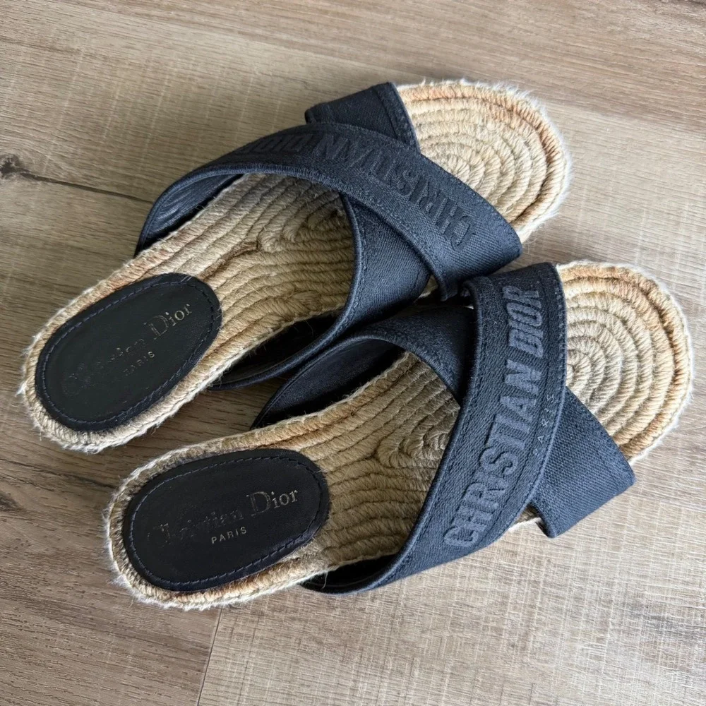 Christian Dior D-Way Espadrille Slides Black Canvas Cross Strap Sandals 37.5